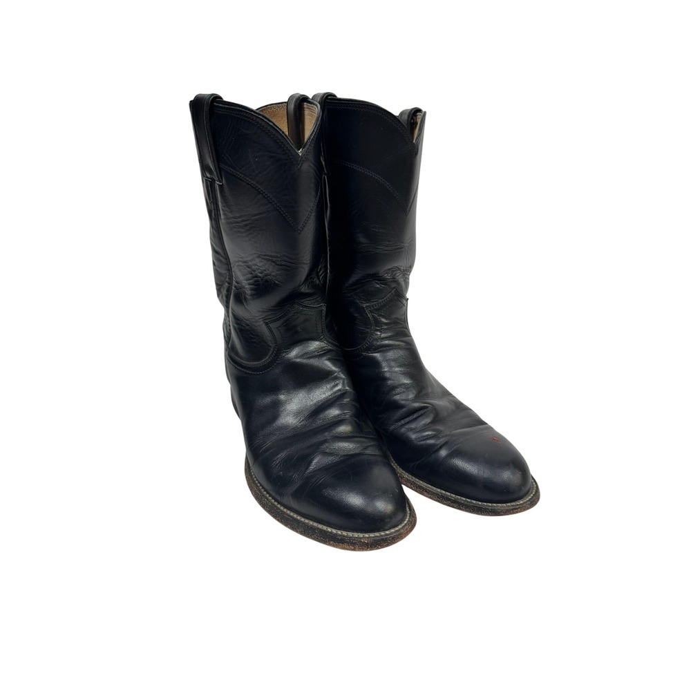 Justin 3133 Vintage 1987 Black Leather Western Roper Boots Mens 8 D Made in USA